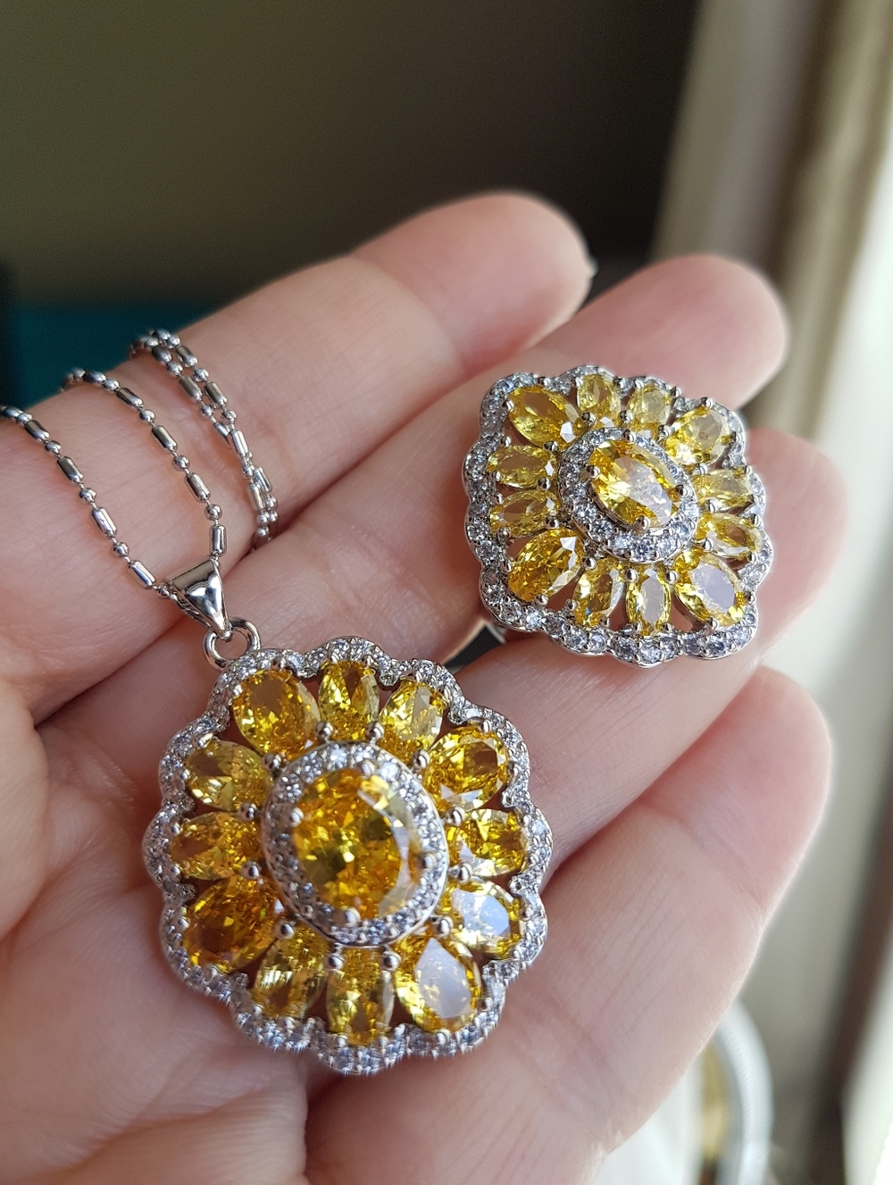 Swarovski Elements Citrine Yellow 925 Sterling Silver Earrings & Ring SET NEW - Picture 15 of 16